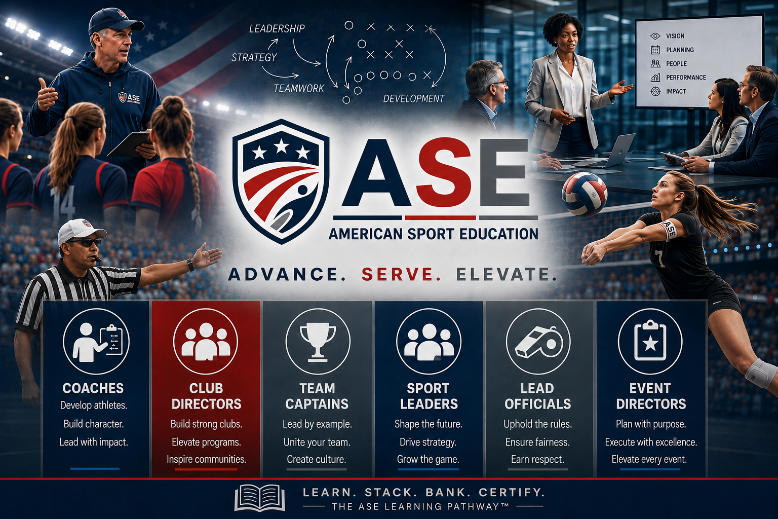 American Sport Education leadership pathway for coaches, club directors, team captains, sport leaders, lead officials, and event directors